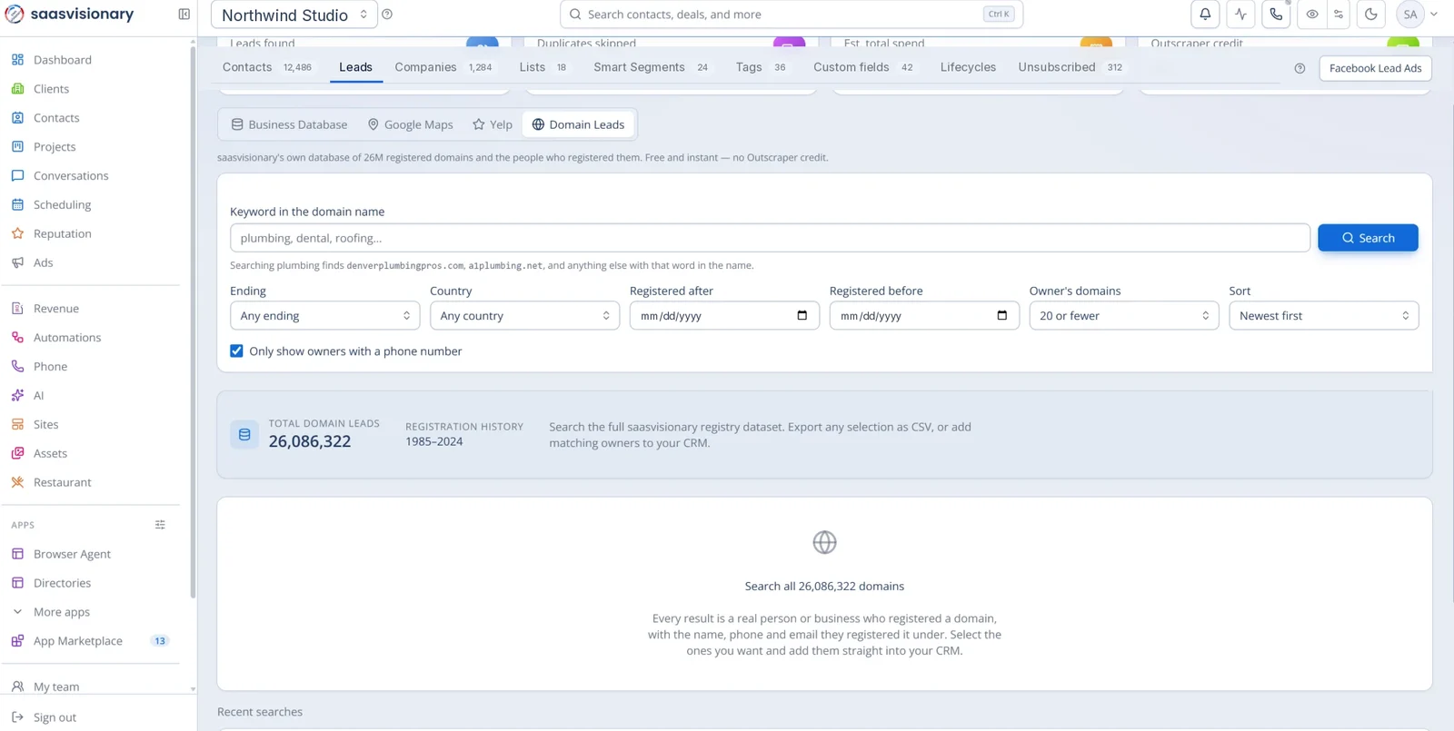 Domain Leads search in SaaSVisionary: keyword, country, registration dates and owner filters